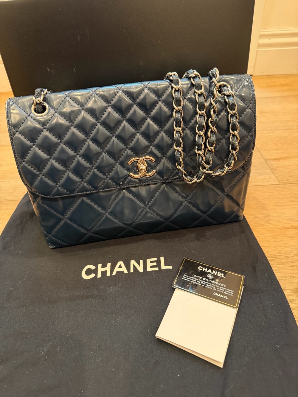 CHANEL Quilted Flap Shoulder Bag in Navy Blue with Silver Hardware